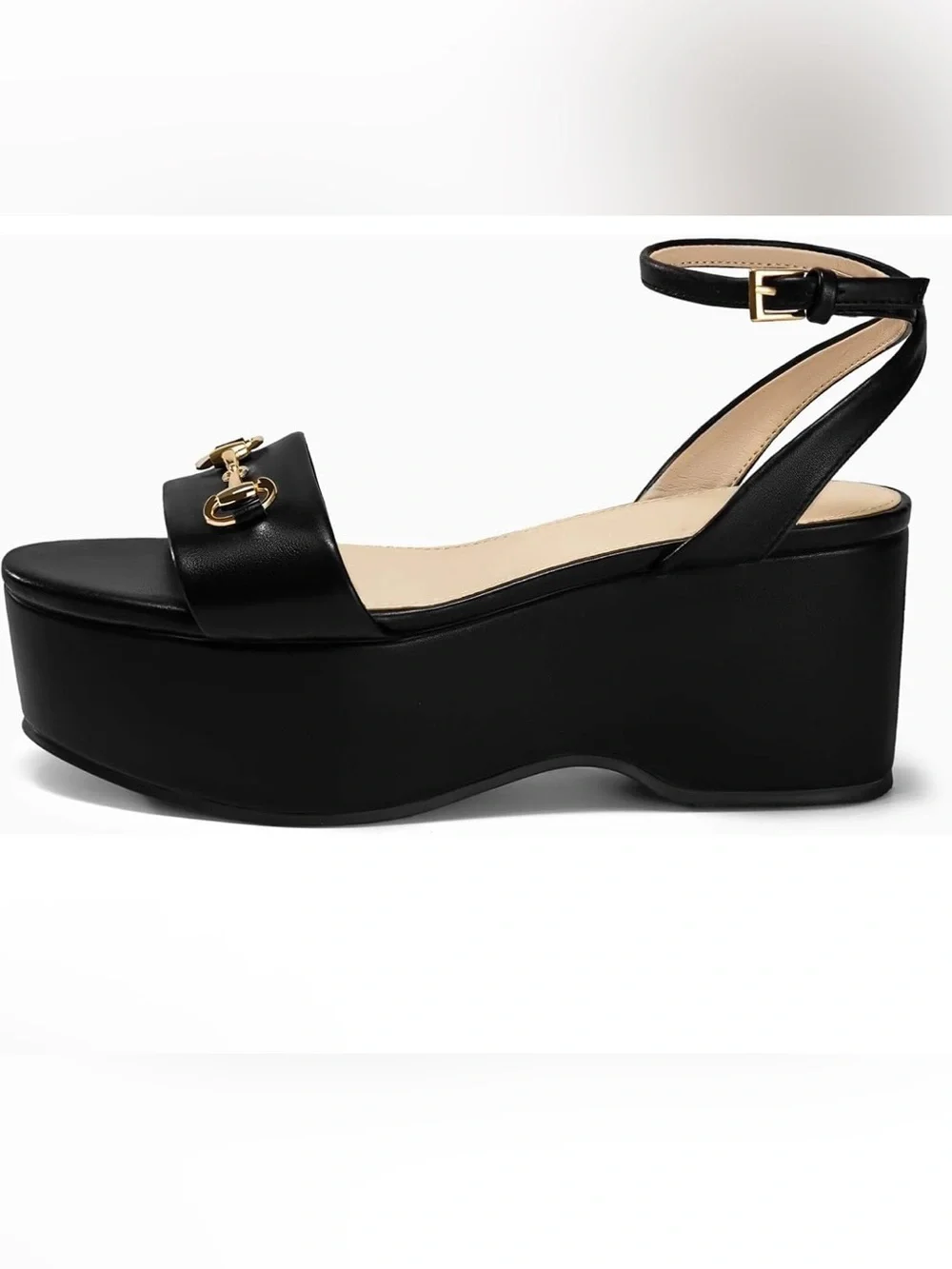 Black Platform Sandals with Open Toe, Ankle Strap, & Horsebit Buckle, Retail $69